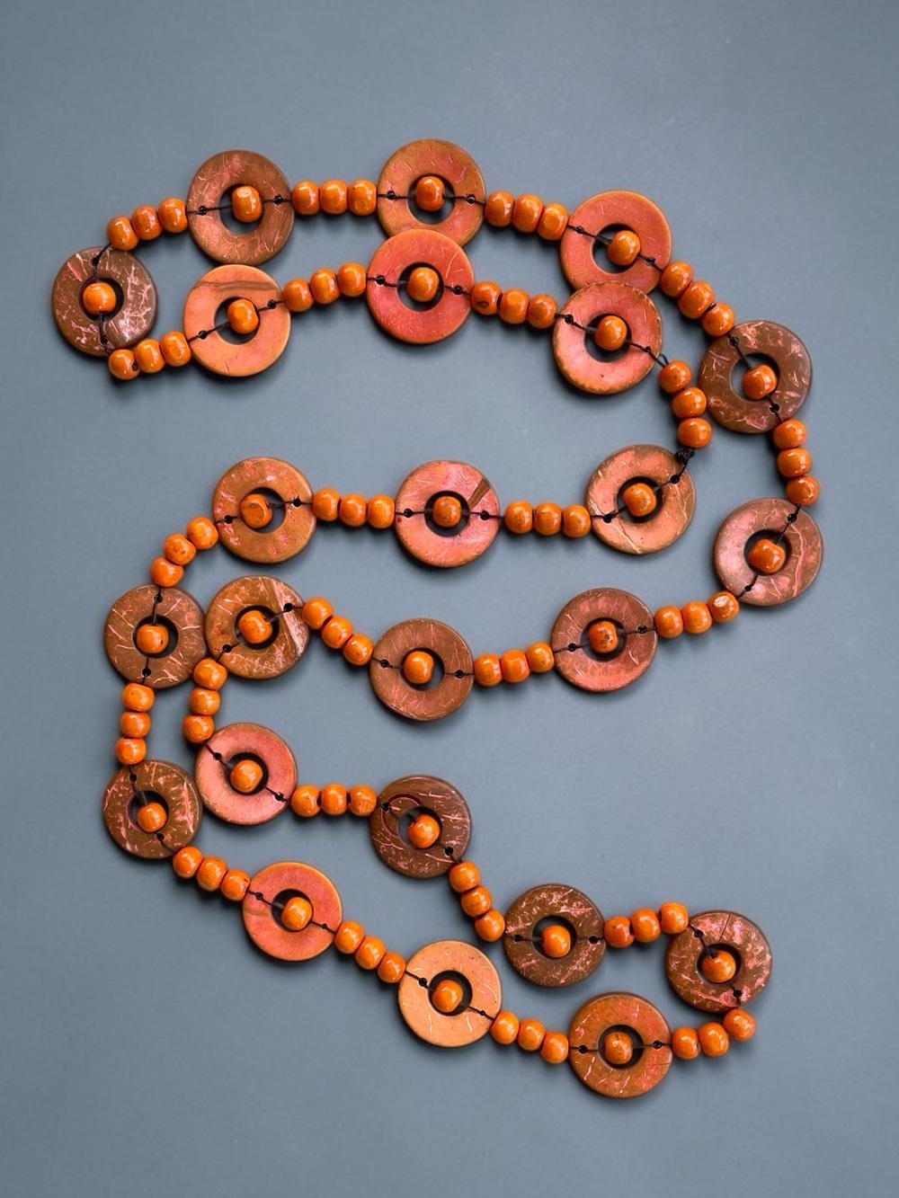 Boho African Inspired Orange Coconut Disc Wood Bead Long Necklace 60"